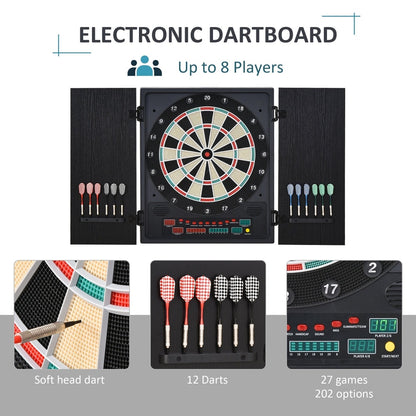 Close up of the electronic dartboard showing soft tip darts, 27 games and 202 variations