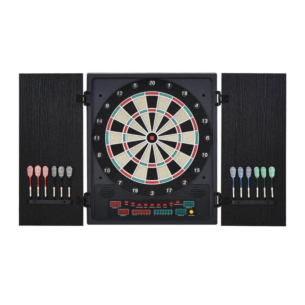 HOMCOM Electronic Dartboard Set with cabinet doors open showing darts and scoring display