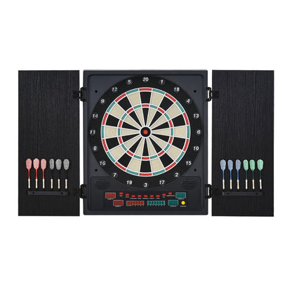 HOMCOM Electronic Dartboard Set with cabinet doors open showing darts and scoring display