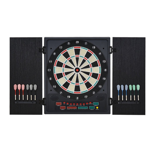 HOMCOM Electronic Dartboard Set with cabinet doors open showing darts and scoring display