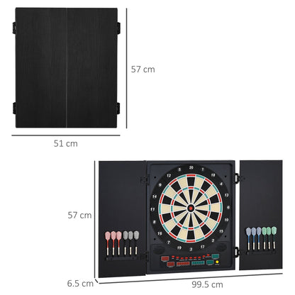 The electronic dartboard set with dimensions shown for the cabinet and dartboard