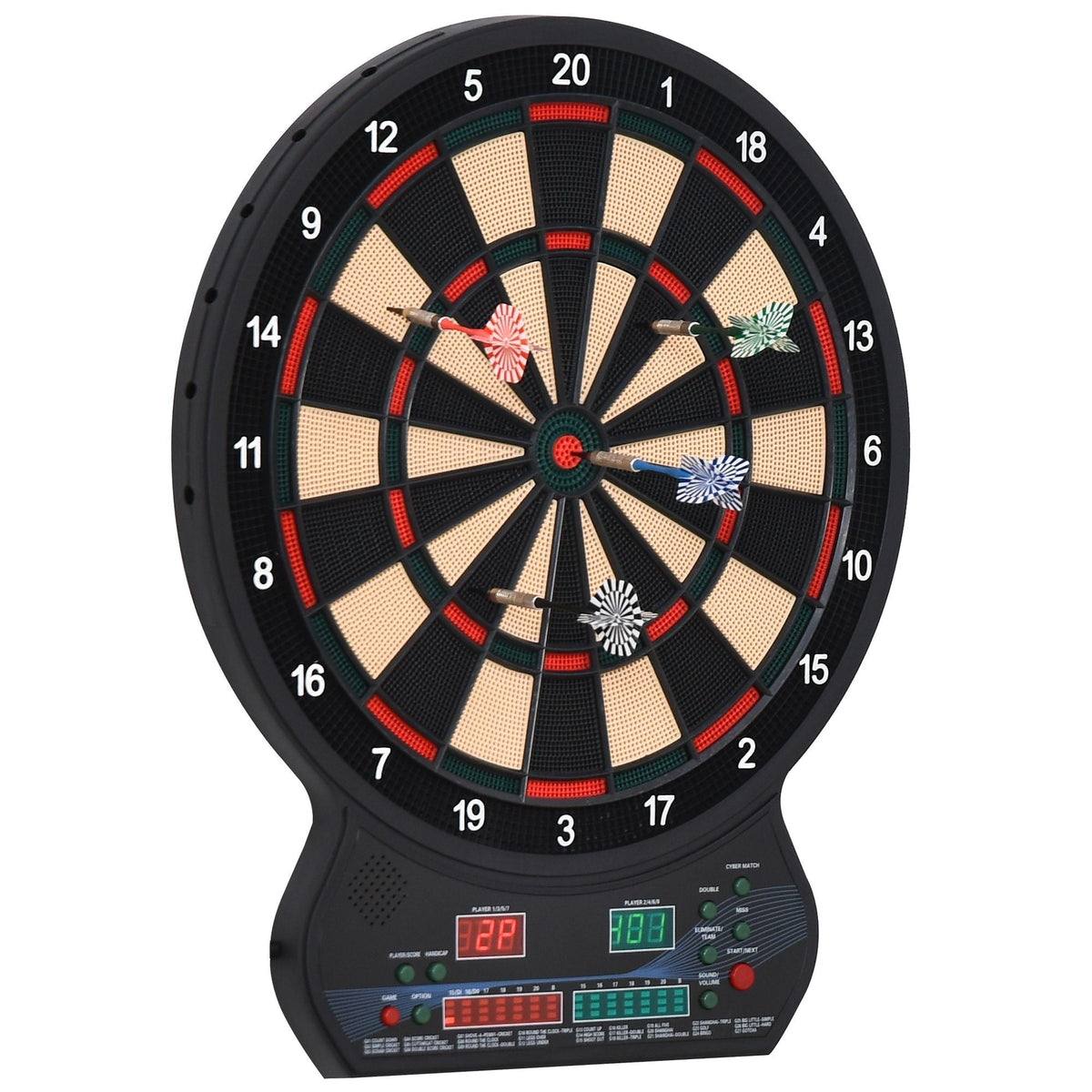 HOMCOM Electronic Hanging Dartboard LED Digital Score Set with darts stuck in the board