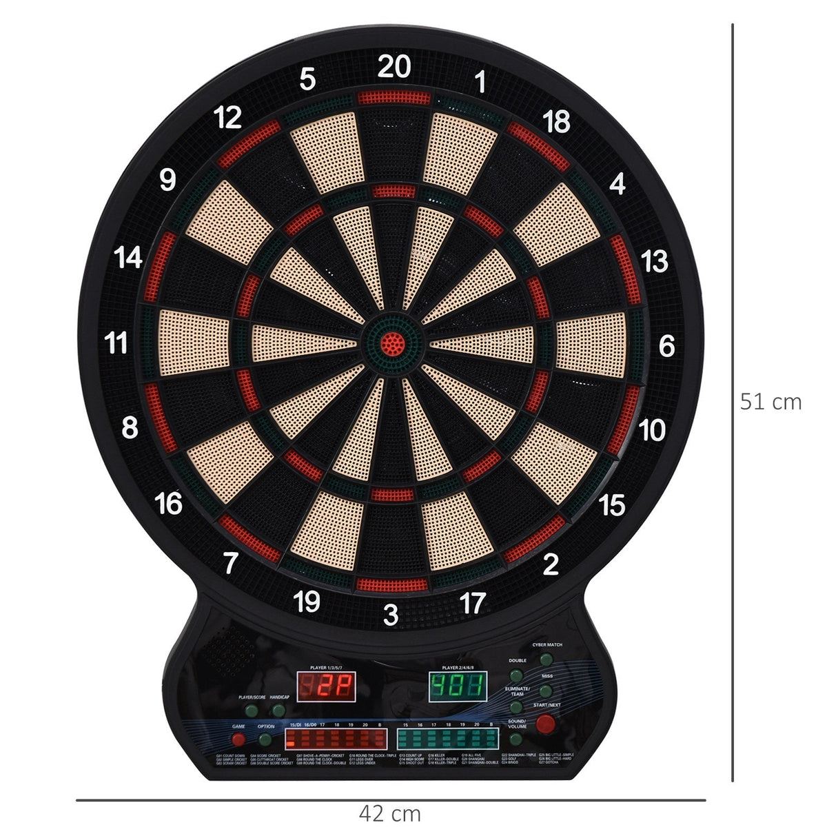 The electronic dartboard shown with height and width dimension lines