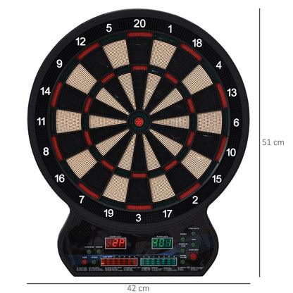 The electronic dartboard shown with height and width dimension lines