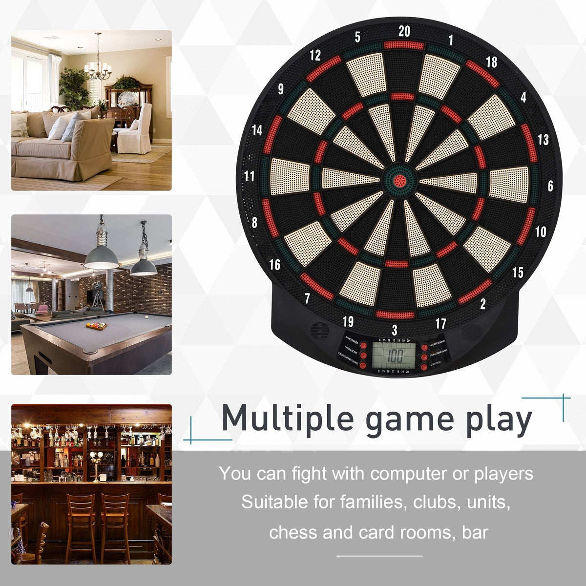 The electronic dartboard displayed with lifestyle scenes of game rooms