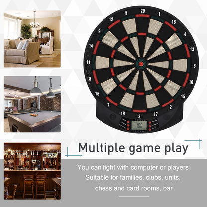 The electronic dartboard displayed with lifestyle scenes of game rooms