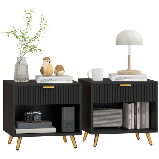 HOMCOM Elegant Bedside Table Set of 2, black with gold legs and drawer fronts