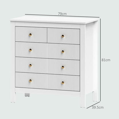 Elegant chest of five drawers in white, with dimensions shown