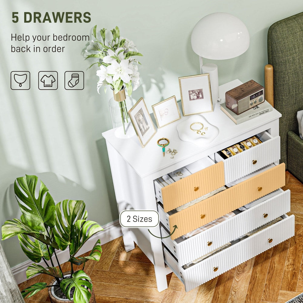 White chest of drawers with five drawers, two of which are open showing storage space