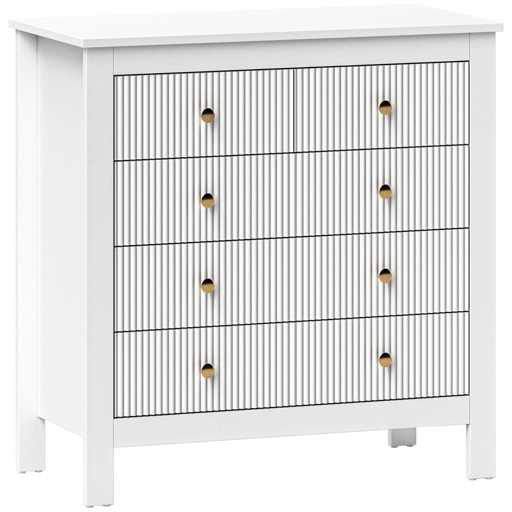 HOMCOM Elegant Chest of Five Drawers - White, a white chest of drawers with five drawers with gold handles and fluted fronts