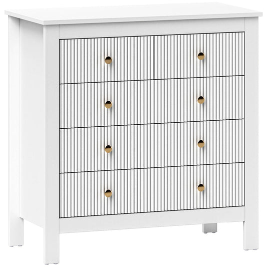 HOMCOM Elegant Chest of Five Drawers - White, a white chest of drawers with five drawers with gold handles and fluted fronts