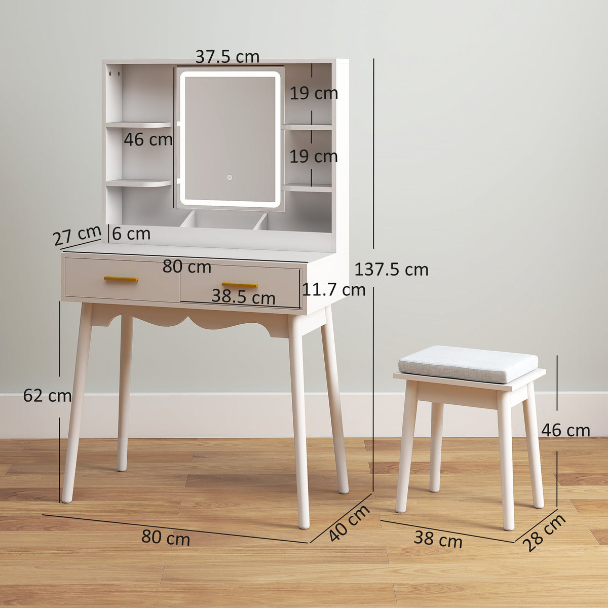 The dressing table and stool shown against a plain background with various dimension labels