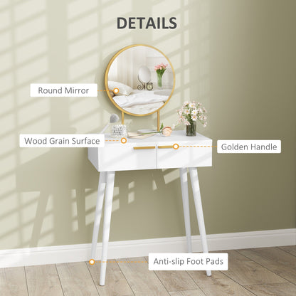 Close up of the white dressing table showing details like the mirror and handles