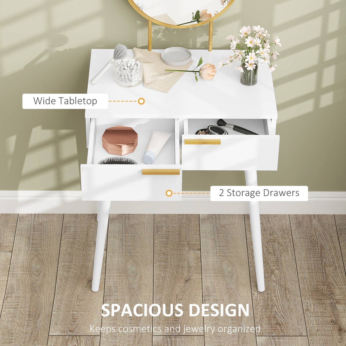White dressing table with two drawers open showing storage space