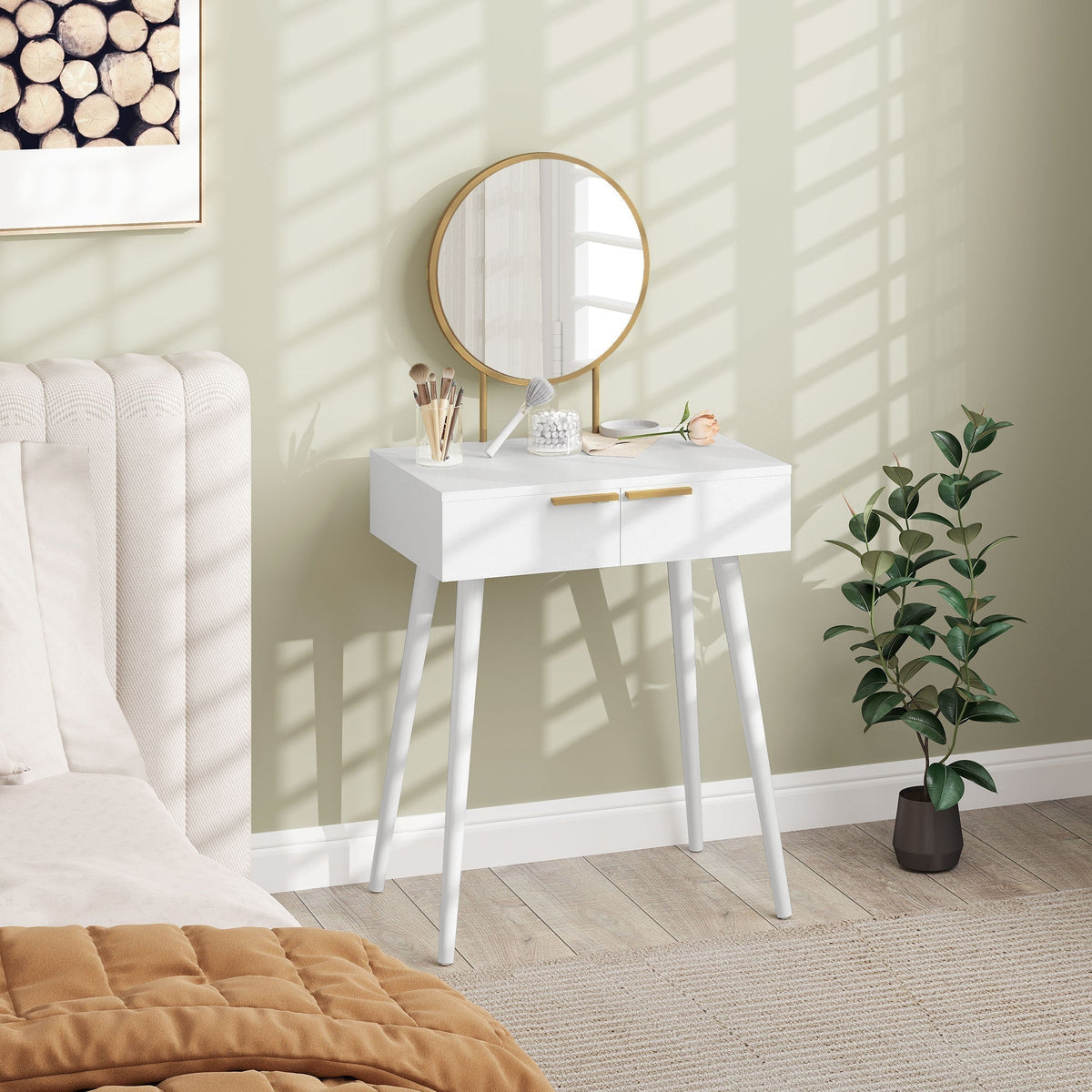 White dressing table with a round mirror in a bedroom setting
