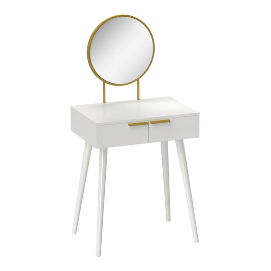 HOMCOM Elegant Dressing Table with a round gold mirror and two drawers