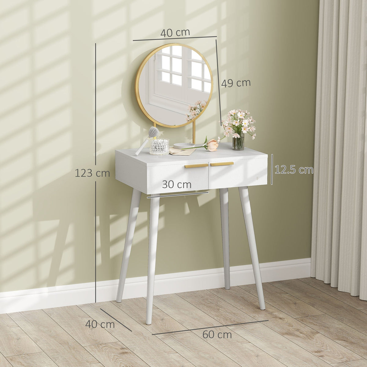 White dressing table with a round mirror and dimensions shown