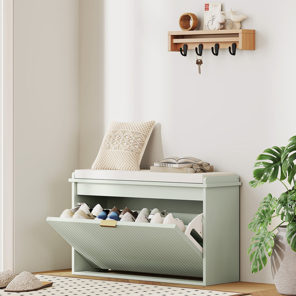 The shoe storage bench placed in a hallway with shoes inside the open compartment