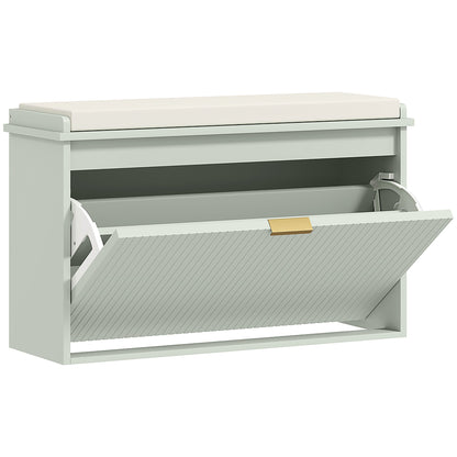 HOMCOM Elegant Eight Shoe Bench in green with a cream seat and a pull-down storage compartment