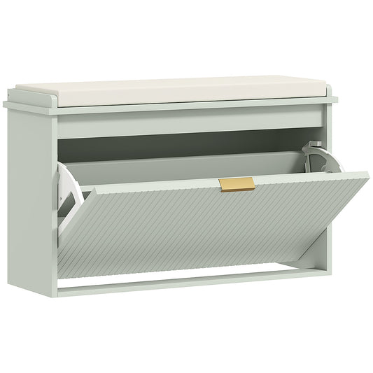HOMCOM Elegant Eight Shoe Bench in green with a cream seat and a pull-down storage compartment