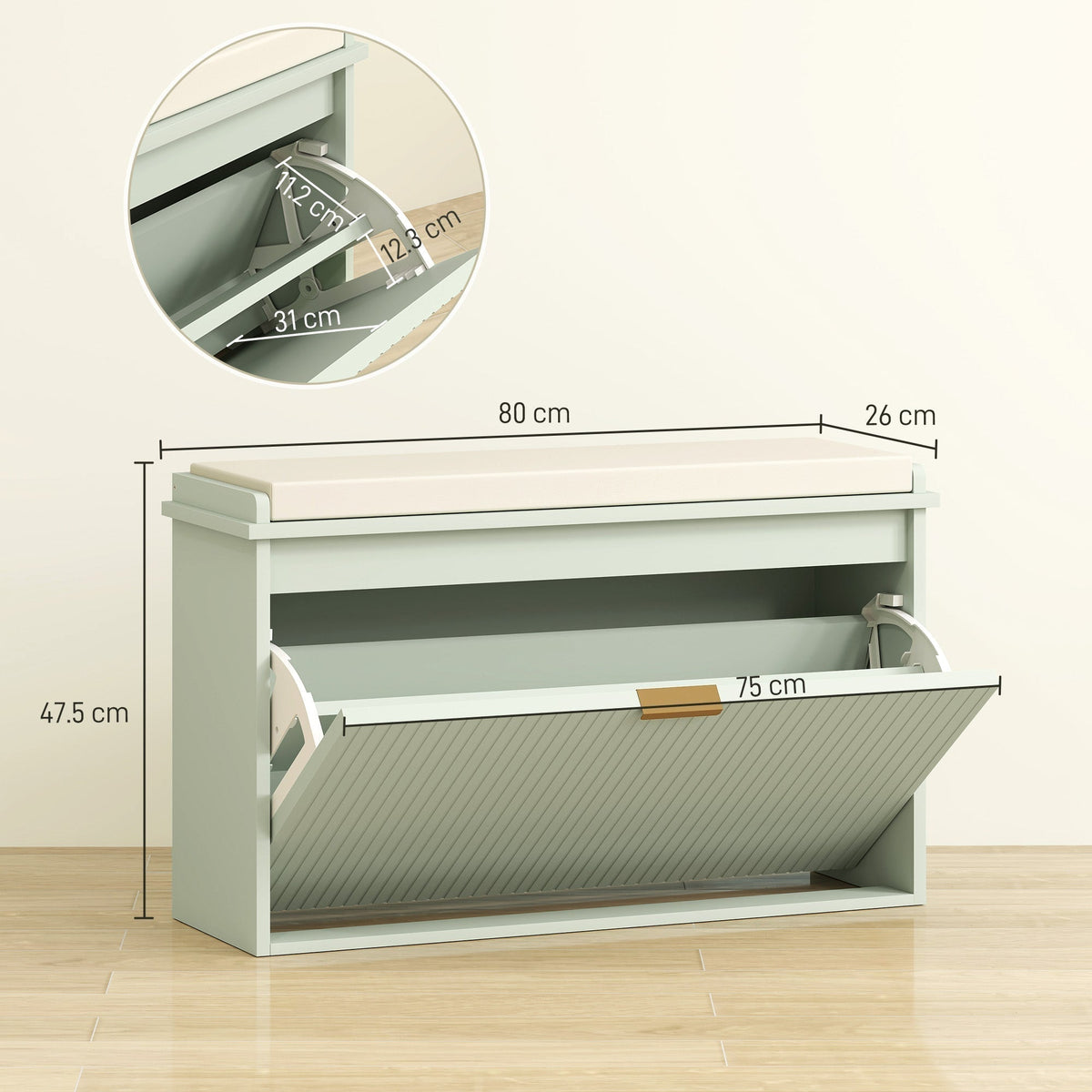 The shoe storage bench showing overall dimensions and internal mechanism details