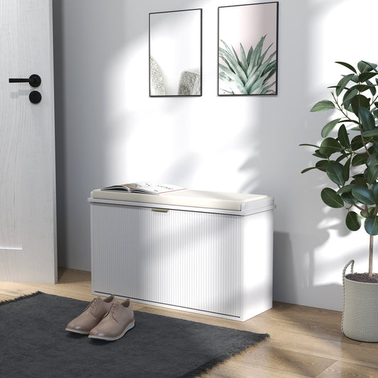 The shoe storage placed in a bright hallway with a pair of shoes on the floor in front