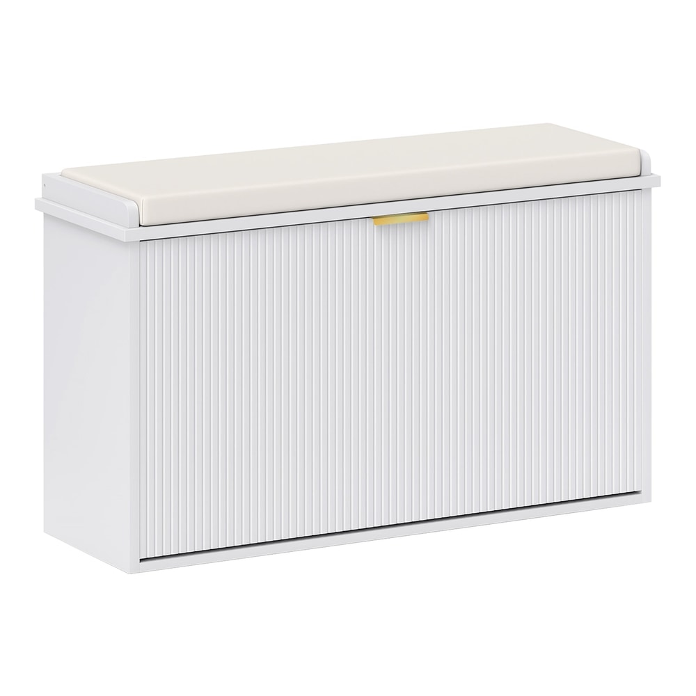 HOMCOM Elegant Eight Shoe Bench in white with a cream padded seat and fluted front panel