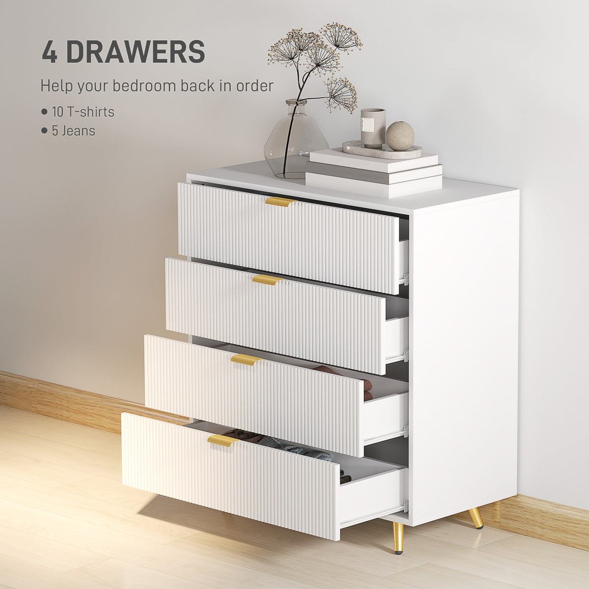 The chest of drawers with all four drawers pulled open to show internal storage space