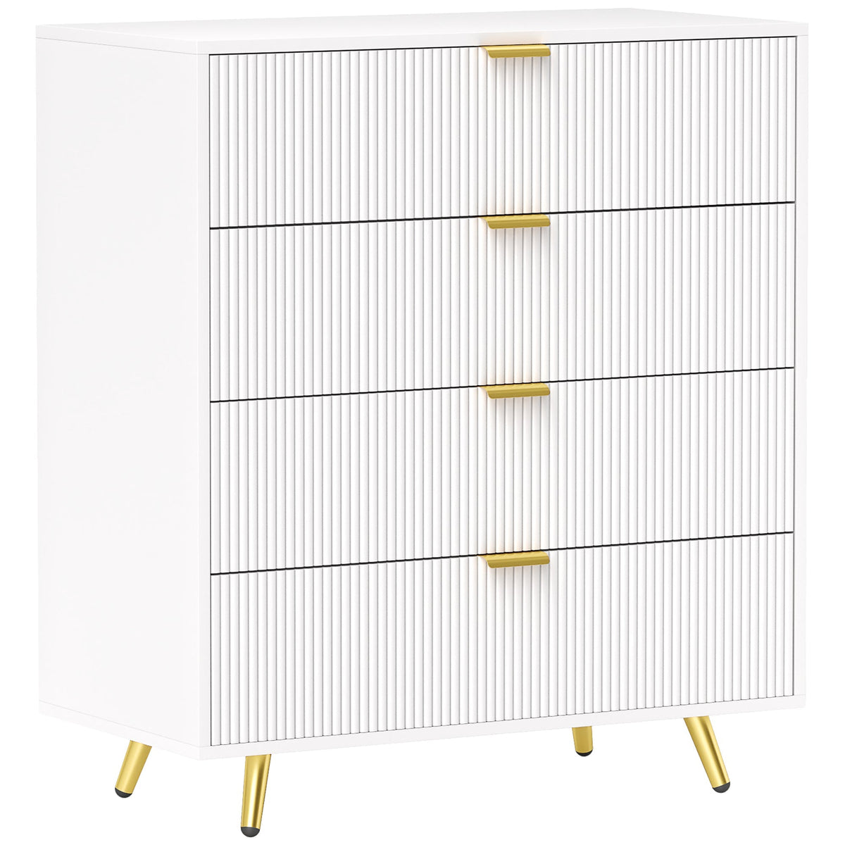 HOMCOM Elegant Four-Drawer Bedside Table in white with gold handles and fluted drawer fronts