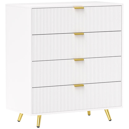 HOMCOM Elegant Four-Drawer Bedside Table in white with gold handles and fluted drawer fronts