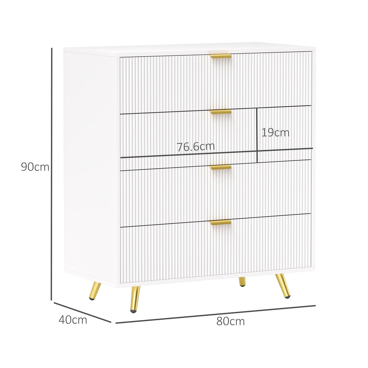 The chest of drawers shown with black lines and text indicating its overall dimensions