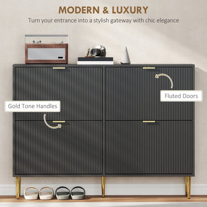 Close up of the fluted doors and gold tone handles on the black shoe storage cabinet