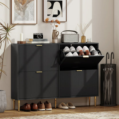 Black shoe storage cabinet with shoes inside, shown in a hallway setting
