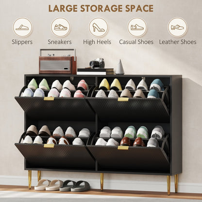 Four-drawer shoe storage cabinet filled with various types of footwear