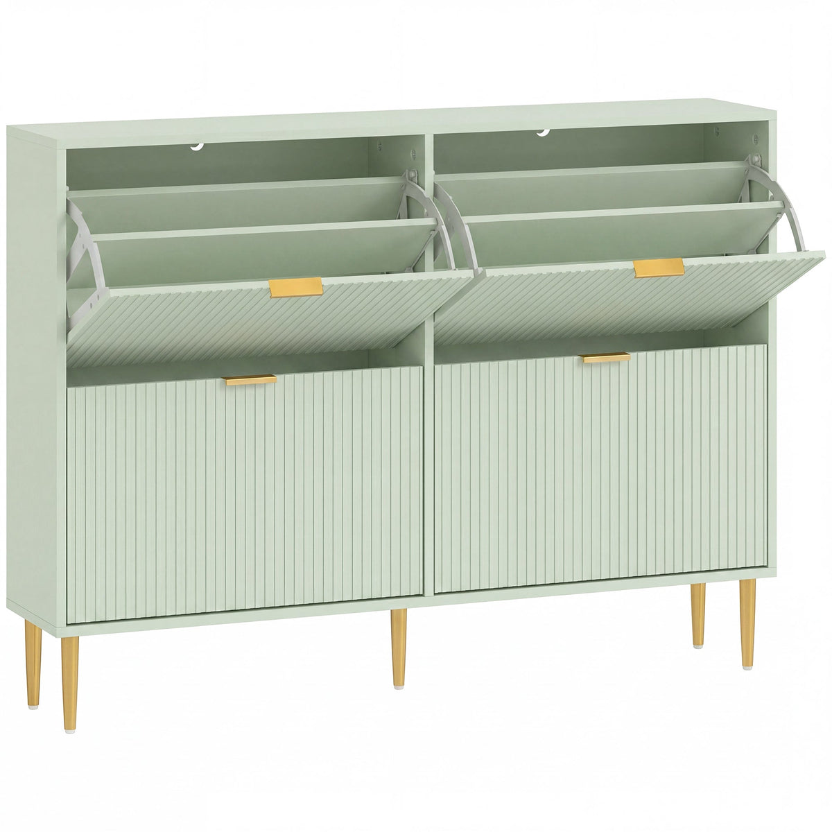 HOMCOM Elegant Four-Drawer Shoe Cabinet in light green with four fluted doors and gold handles