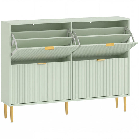 HOMCOM Elegant Four-Drawer Shoe Cabinet in light green with four fluted doors and gold handles
