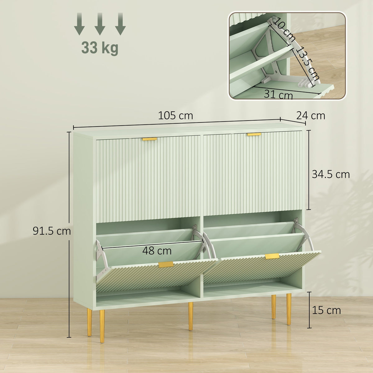 Dimensions of the light green four-drawer shoe storage cabinet showing height, width, and depth