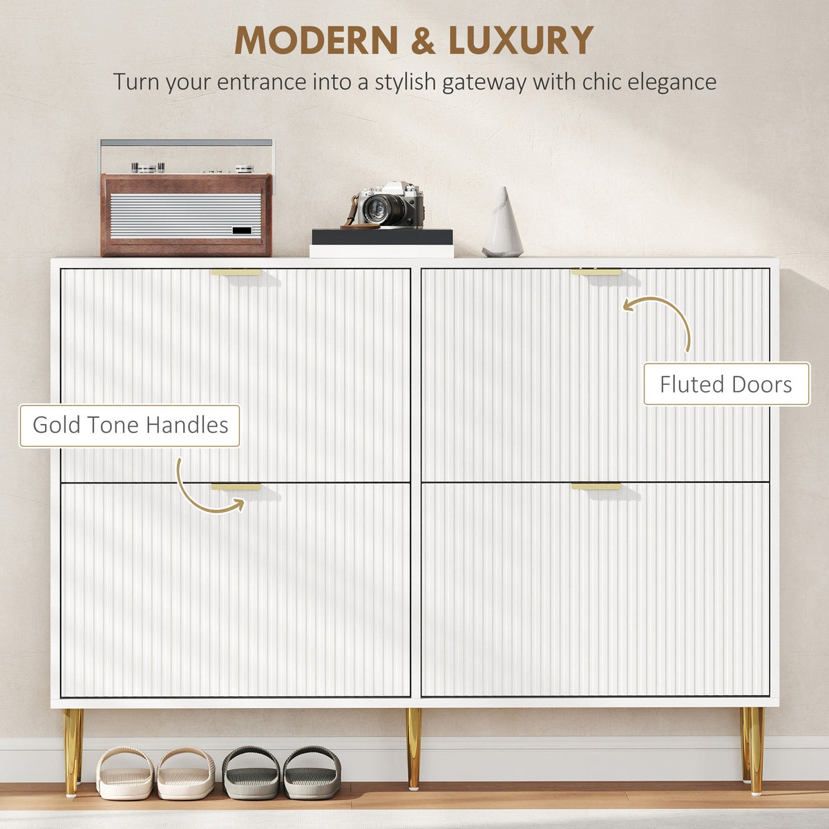 Close-up of the white four-drawer shoe cabinet with gold tone handles and fluted doors