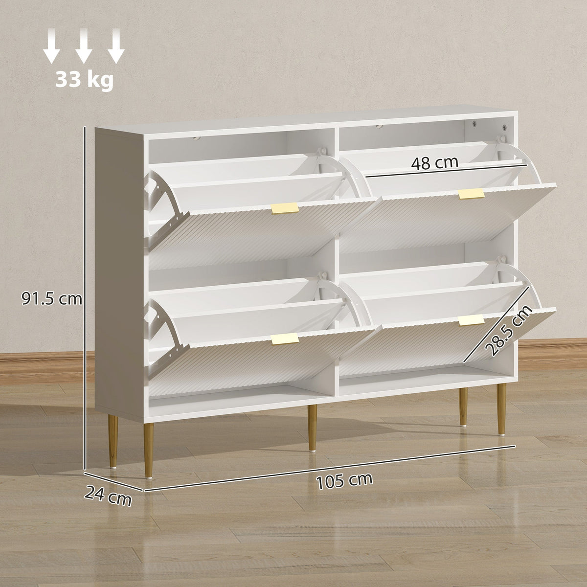 Dimensions of the white four-drawer shoe cabinet with open drawers