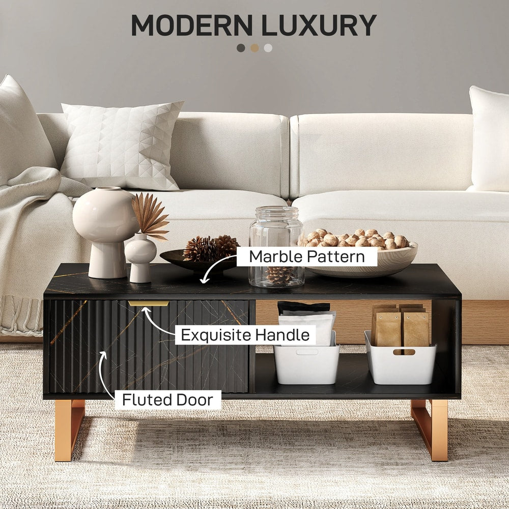 Close-up of the black marble effect coffee table showing the fluted door and handle
