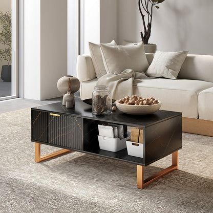 Black marble effect coffee table with gold legs in a modern living room setting