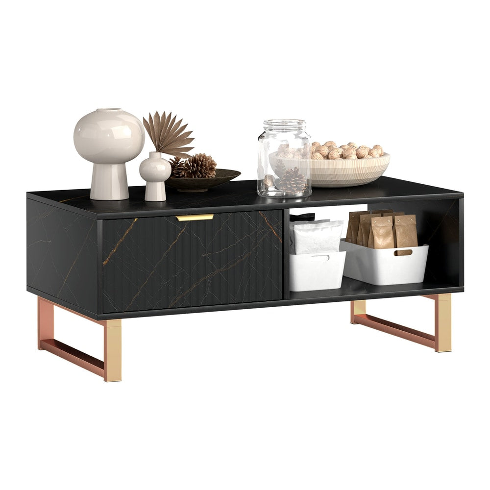 HOMCOM Elegant Marble Effect Storage Coffee Table in black with gold legs, featuring a drawer and open shelving