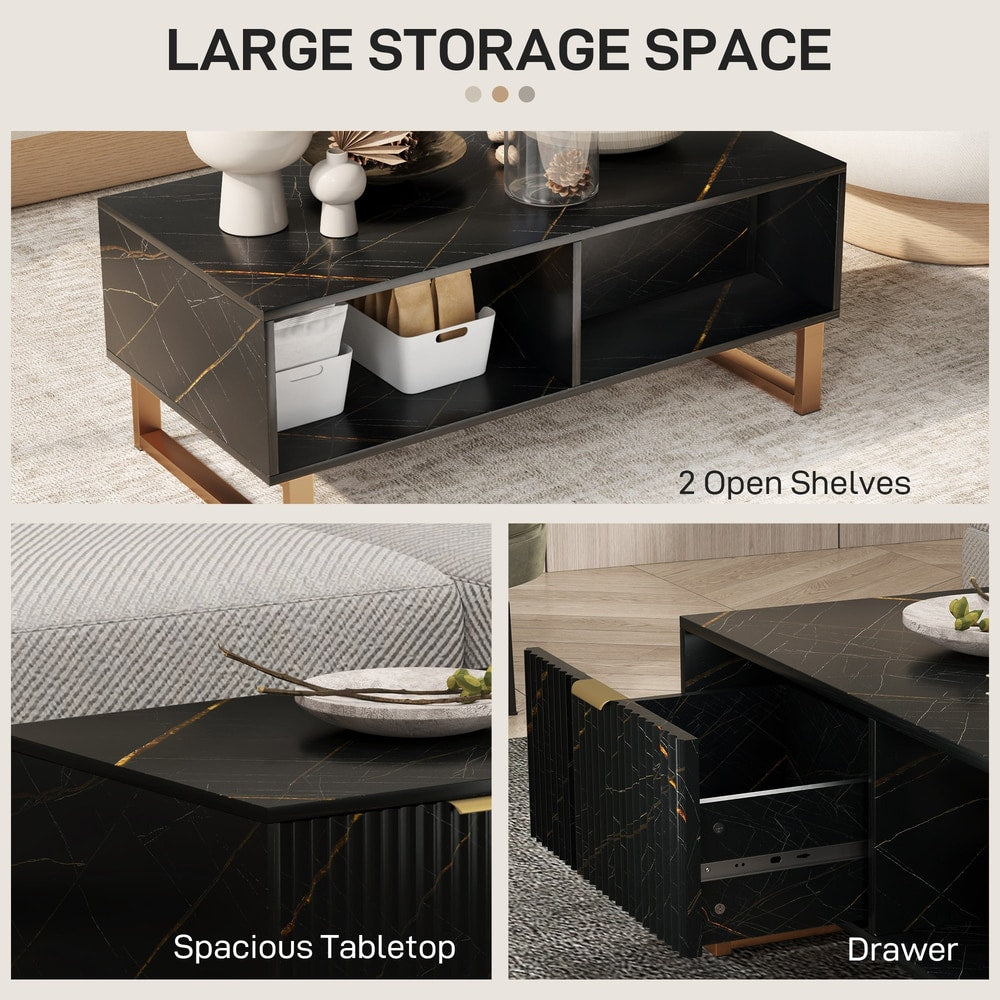 Storage options of the black marble effect coffee table, including a drawer and shelves