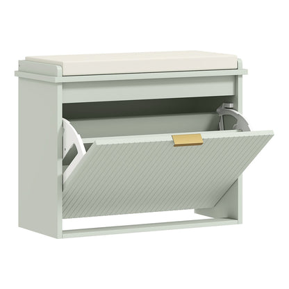HOMCOM Elegant Six Shoe Bench in green with a white padded seat and an open storage compartment