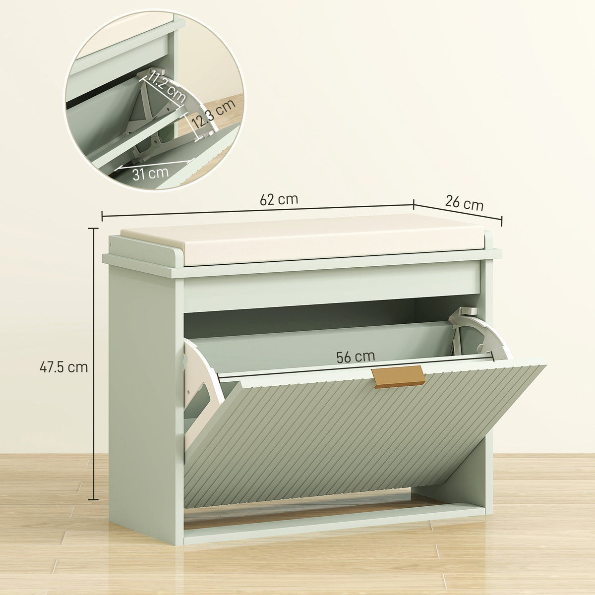 The shoe storage unit showing dimensions and a close-up of the internal hinge mechanism