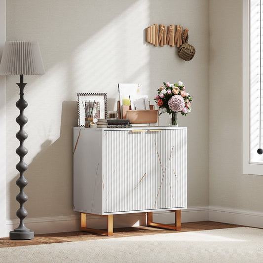 The storage cabinet placed in a bright living room next to a tall grey floor lamp and wall decor