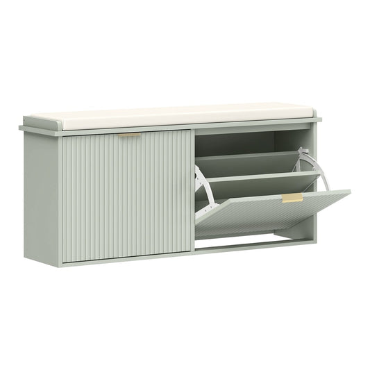 HOMCOM Elegant Ten Shoe Bench with a cream seat and one open compartment showing internal shelves