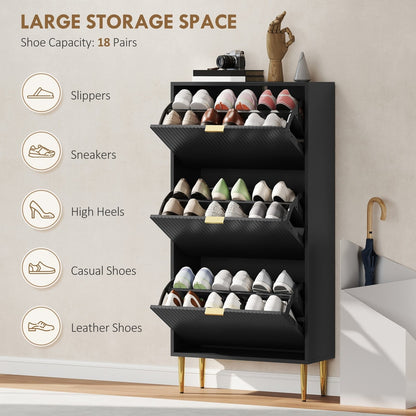 Black three-drawer shoe cabinet with doors open showing different shoe types stored inside