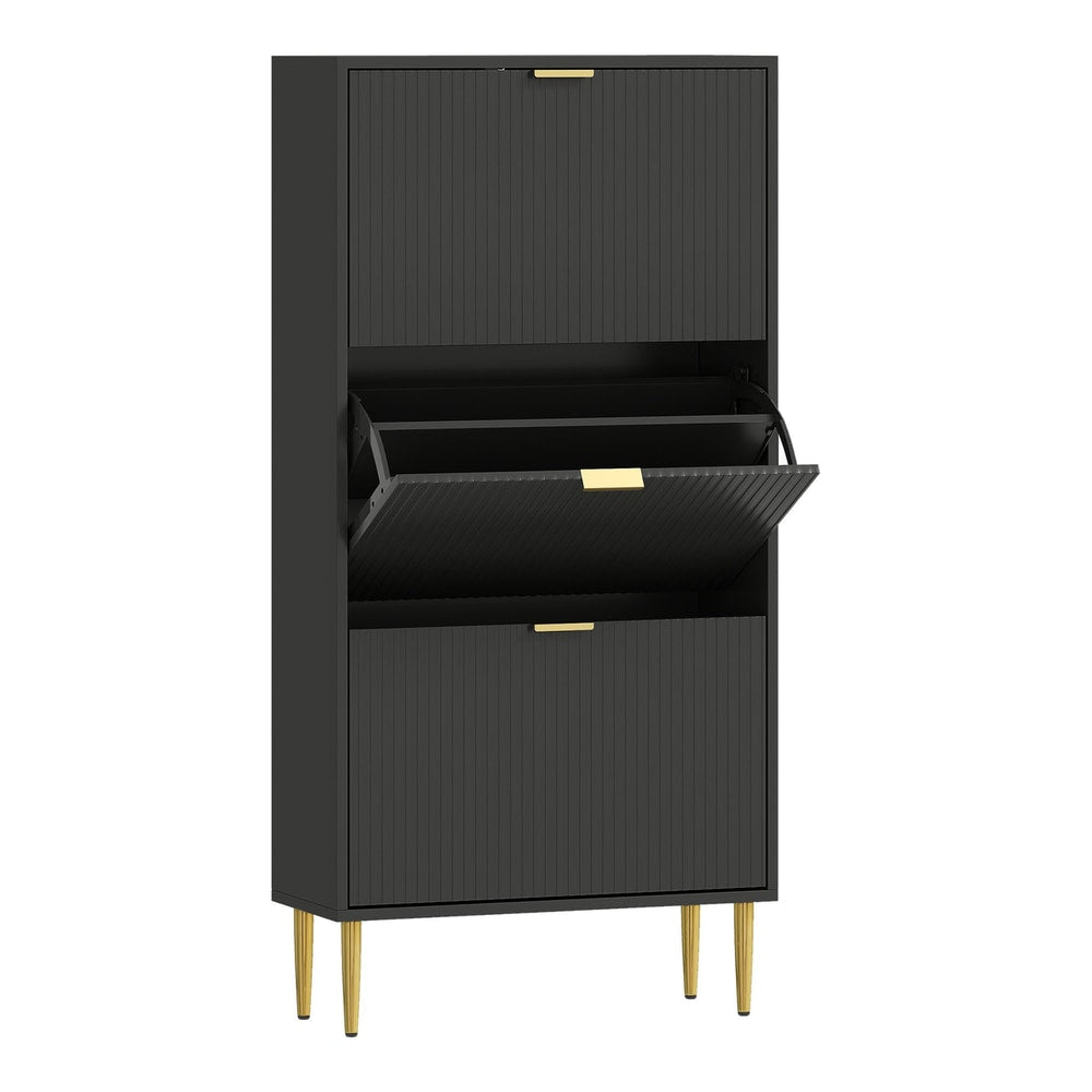 HOMCOM Elegant Three-Drawer Shoe Cabinet with fluted doors and gold handles
