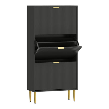 HOMCOM Elegant Three-Drawer Shoe Cabinet with fluted doors and gold handles